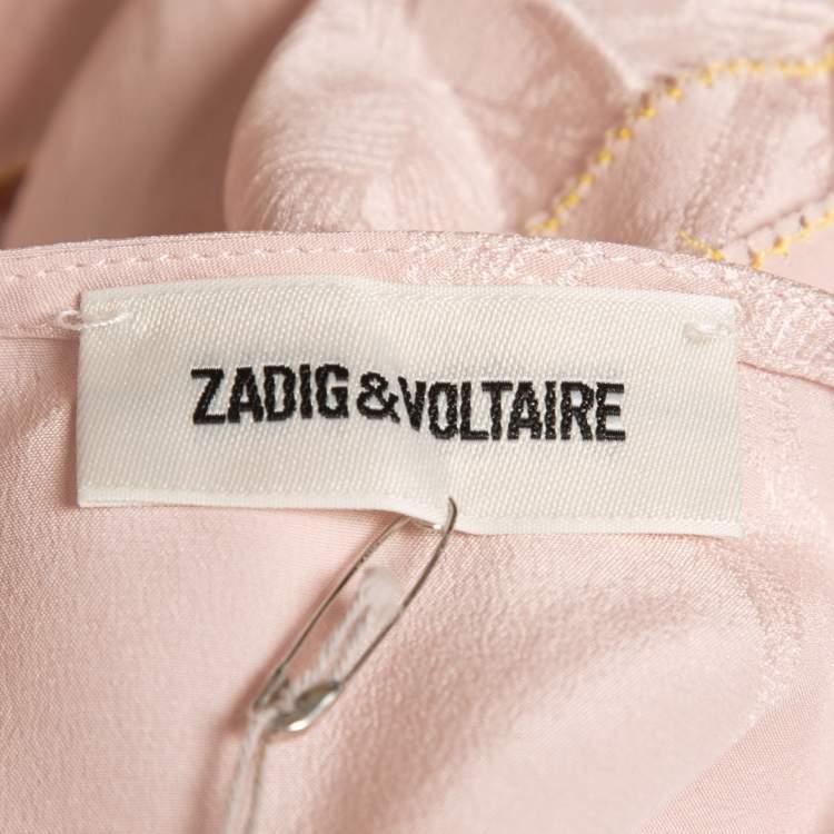 Pre Owned Zadig & Voltaire Pink Silk Lace Tie Detail Ruffled Top L