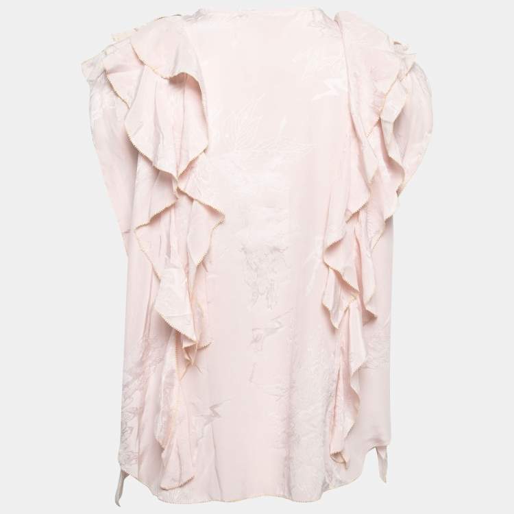 Pre Owned Zadig & Voltaire Pink Silk Lace Tie Detail Ruffled Top L