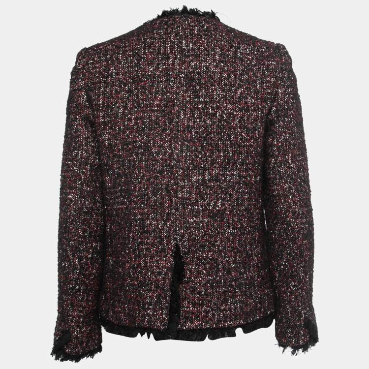 Pre Owned Zadig and Voltaire Black/Red Tweed Fringed Open Front Jacket M