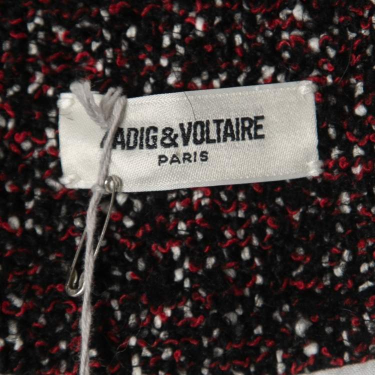 Pre Owned Zadig and Voltaire Black/Red Tweed Fringed Open Front Jacket M