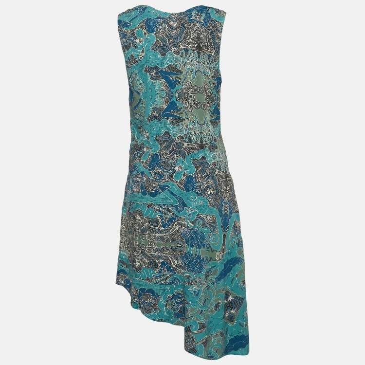 Pre Owned Zadig & Voltaire Blue Printed Crepe Asymmetrical Sleeveless Midi Dress XS