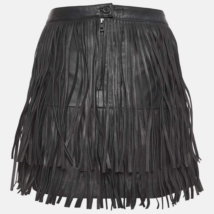 Pre Owned Zadig & Voltaire Black Leather Fringed Mini Skirt M