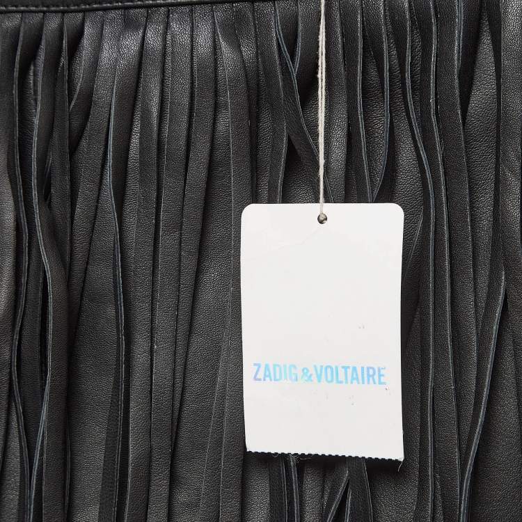 Pre Owned Zadig & Voltaire Black Leather Fringed Mini Skirt M