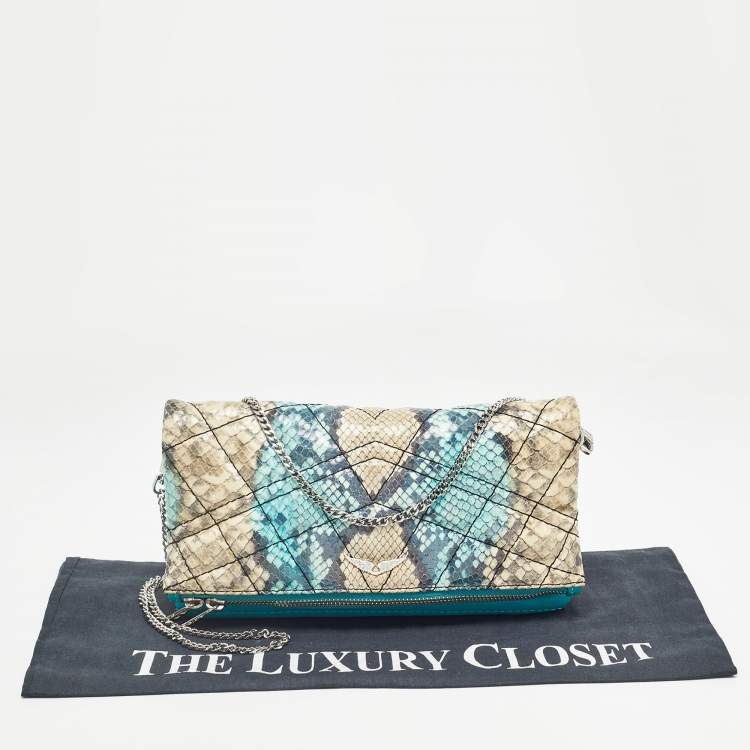 Pre Owned Zadig & Voltaire Multicolor Python Embossed Leather Rock Foldover Chain Clutch 