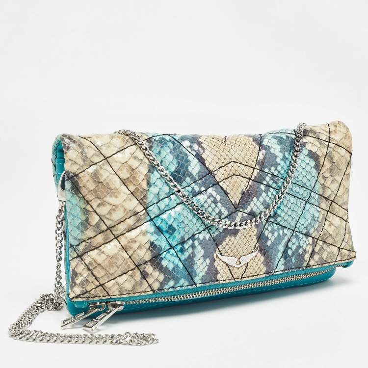 Pre Owned Zadig & Voltaire Multicolor Python Embossed Leather Rock Foldover Chain Clutch 