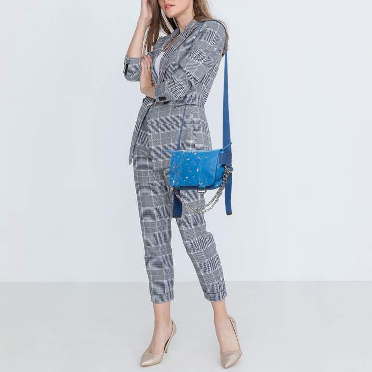 Pre Owned Zadig & Voltaire Blue Studded Leather Flap Crossbody Bag
