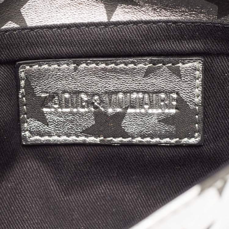 Pre Owned Zadig & Voltaire Silver/Black Leather Circus Star Rock Foldover Clutch Bag