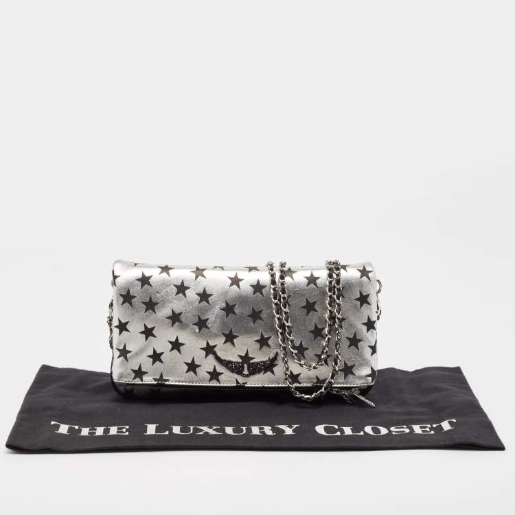 Pre Owned Zadig & Voltaire Silver/Black Leather Circus Star Rock Foldover Clutch Bag