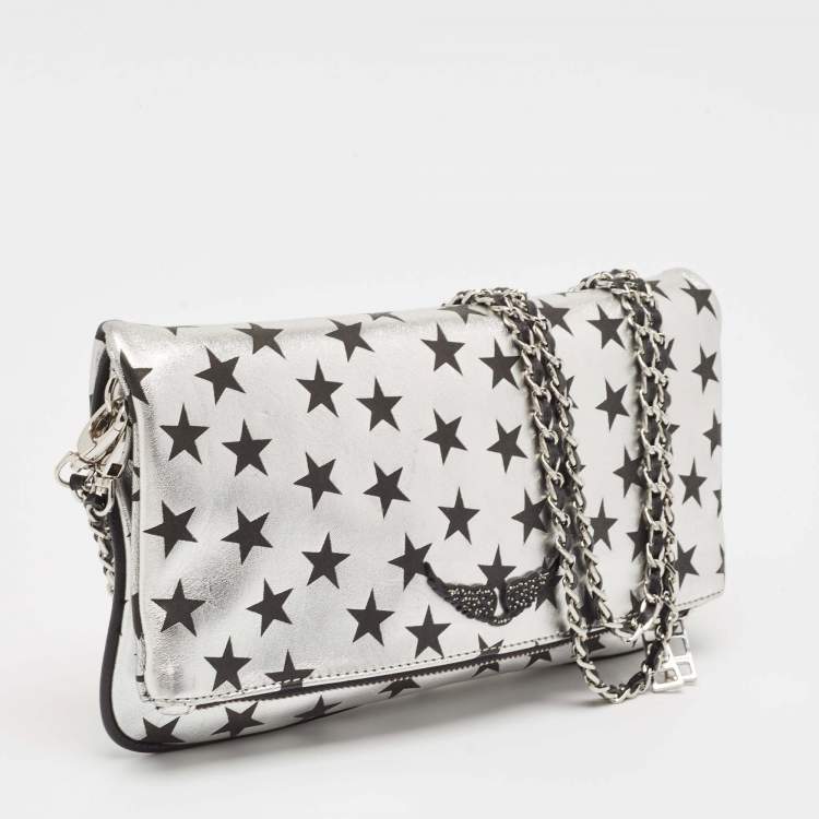 Pre Owned Zadig & Voltaire Silver/Black Leather Circus Star Rock Foldover Clutch Bag