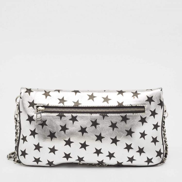 Pre Owned Zadig & Voltaire Silver/Black Leather Circus Star Rock Foldover Clutch Bag
