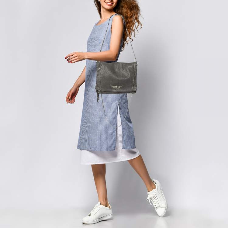 Pre Owned Zadig & Voltaire Grey Leather Rock Chain Link Pochette Shoulder Bag