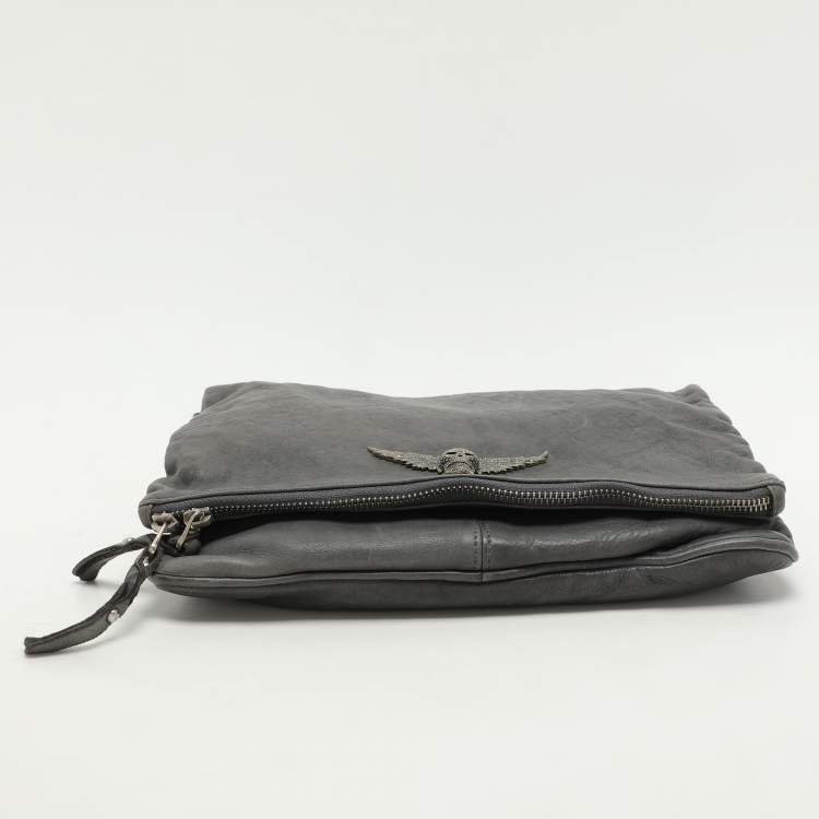 Pre Owned Zadig & Voltaire Grey Leather Rock Chain Link Pochette Shoulder Bag