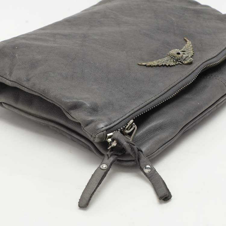 Pre Owned Zadig & Voltaire Grey Leather Rock Chain Link Pochette Shoulder Bag