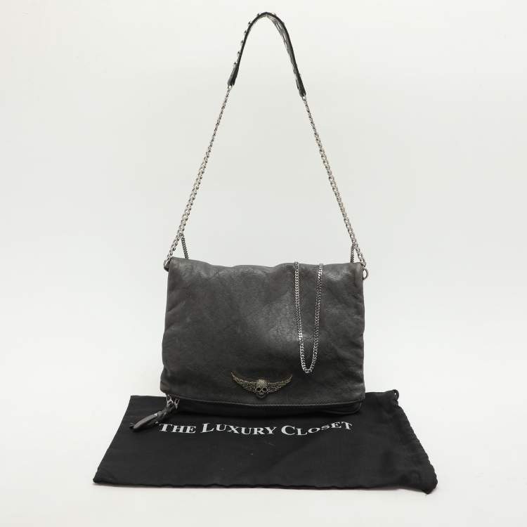 Pre Owned Zadig & Voltaire Grey Leather Rock Chain Link Pochette Shoulder Bag