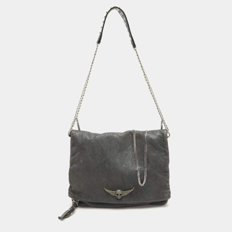 Pre Owned Zadig & Voltaire Grey Leather Rock Chain Link Pochette Shoulder Bag