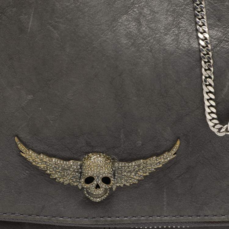 Pre Owned Zadig & Voltaire Grey Leather Rock Chain Link Pochette Shoulder Bag