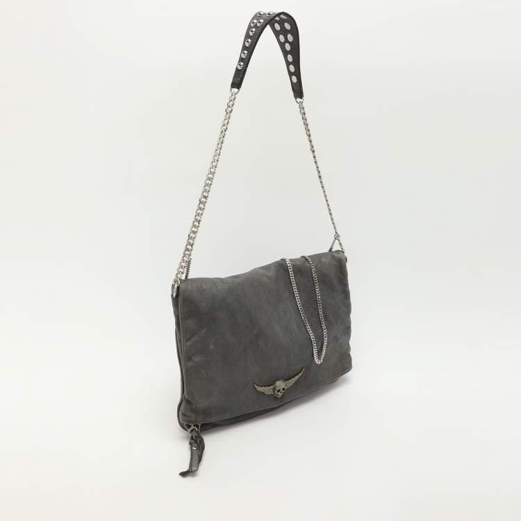 Pre Owned Zadig & Voltaire Grey Leather Rock Chain Link Pochette Shoulder Bag