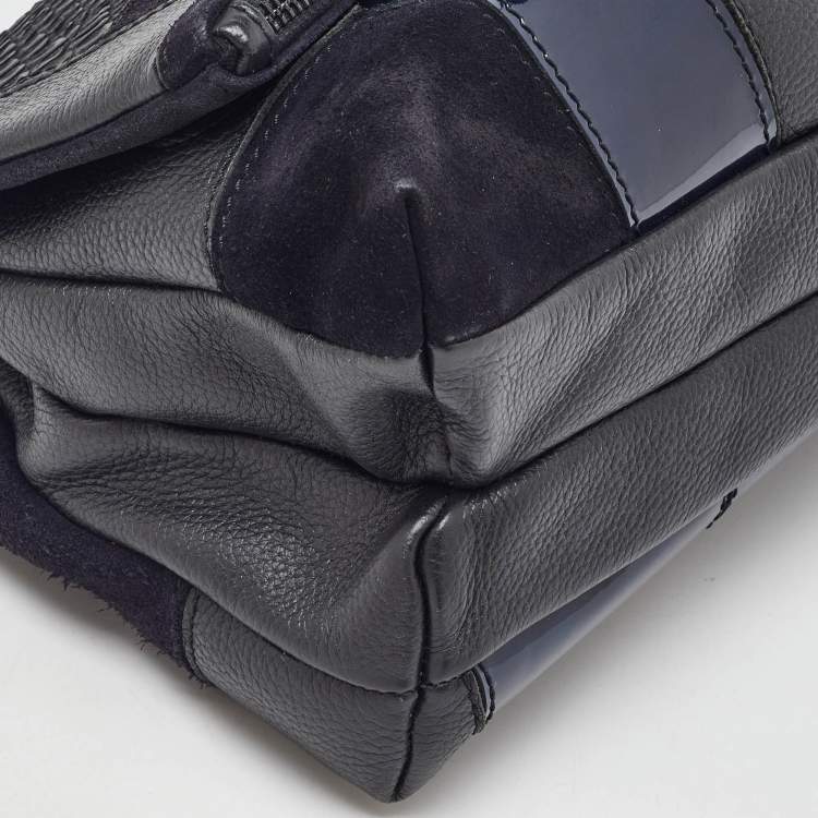 Pre Owned Zadig & Voltaire Black/Navy Blue Leather and Suede Patchwork Flap Shoulder Bag
