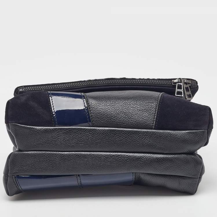 Pre Owned Zadig & Voltaire Black/Navy Blue Leather and Suede Patchwork Flap Shoulder Bag