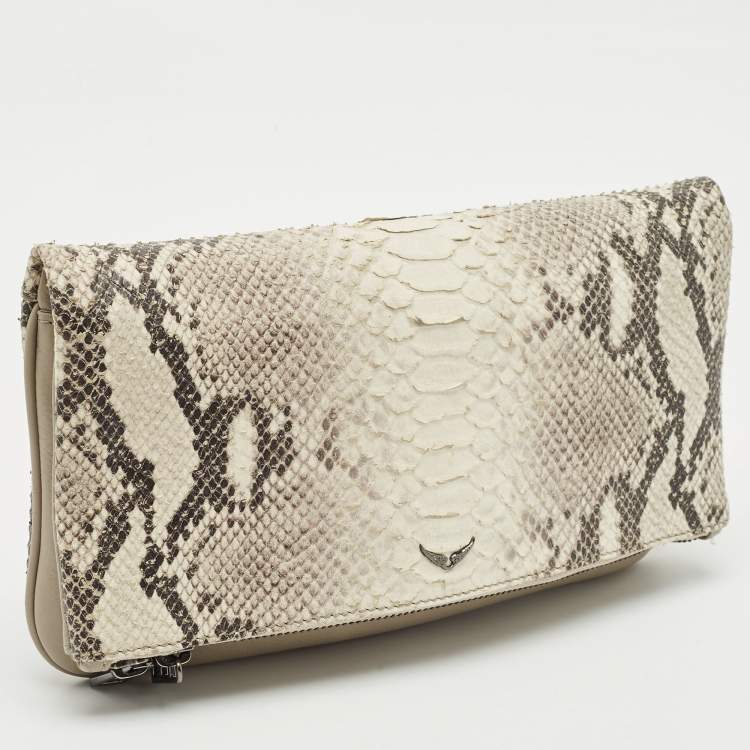 Pre Owned Zadig & Voltaire Grey Python Embossed Leather Rock Foldover Clutch Bag