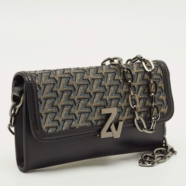 Pre Owned Zadig & Voltaire Le City Black Printed Fabric and Leather Wallet On Chain