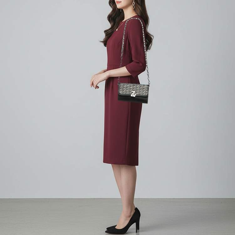 Pre Owned Zadig & Voltaire Le City Black Printed Fabric and Leather Wallet On Chain