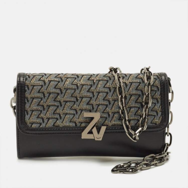 Pre Owned Zadig & Voltaire Le City Black Printed Fabric and Leather Wallet On Chain