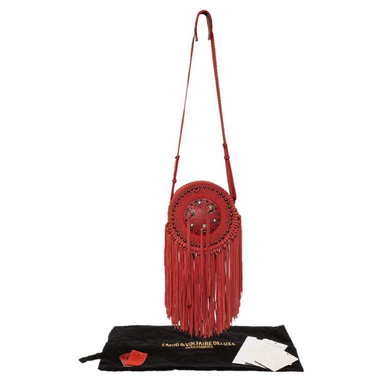 Pre Owned Zadig & Voltaire Camine Red Suede Bamboo Hippie Crossbody Bag 