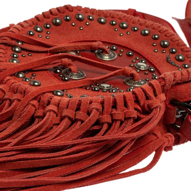 Pre Owned Zadig & Voltaire Camine Red Suede Bamboo Hippie Crossbody Bag 