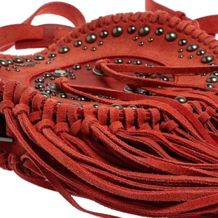Pre Owned Zadig & Voltaire Camine Red Suede Bamboo Hippie Crossbody Bag 