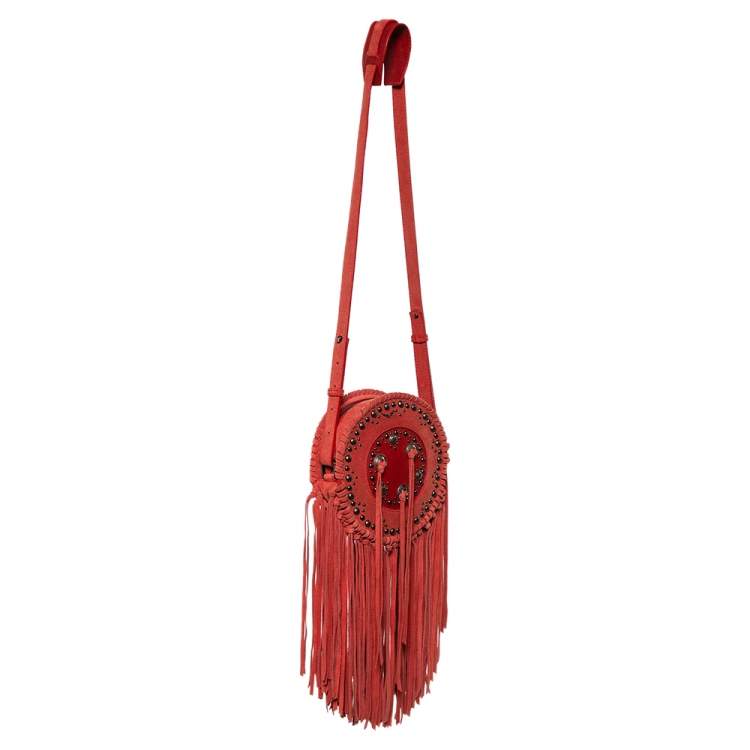 Pre Owned Zadig & Voltaire Camine Red Suede Bamboo Hippie Crossbody Bag 