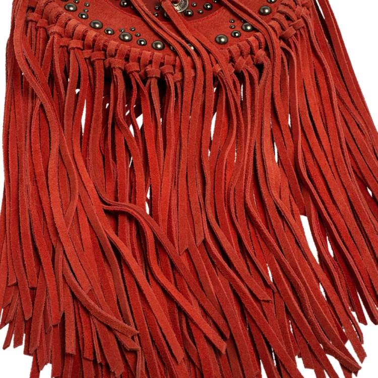 Pre Owned Zadig & Voltaire Camine Red Suede Bamboo Hippie Crossbody Bag 