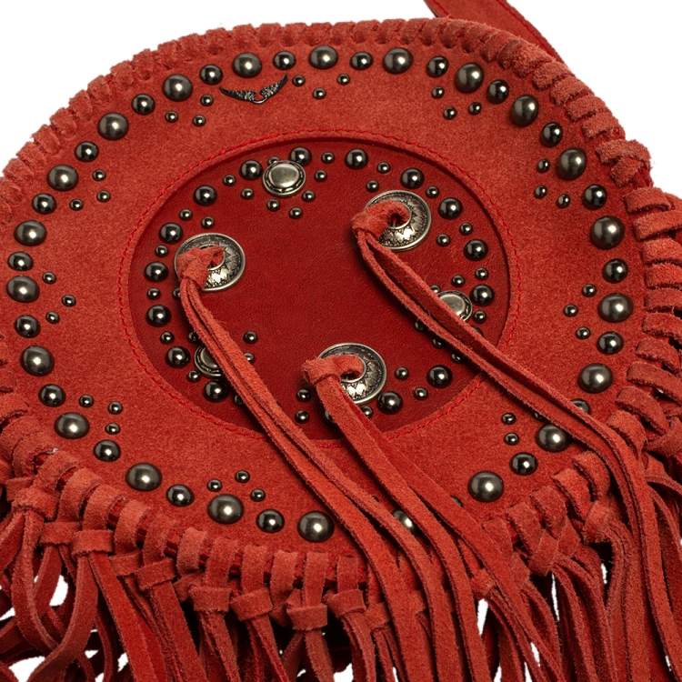Pre Owned Zadig & Voltaire Camine Red Suede Bamboo Hippie Crossbody Bag 