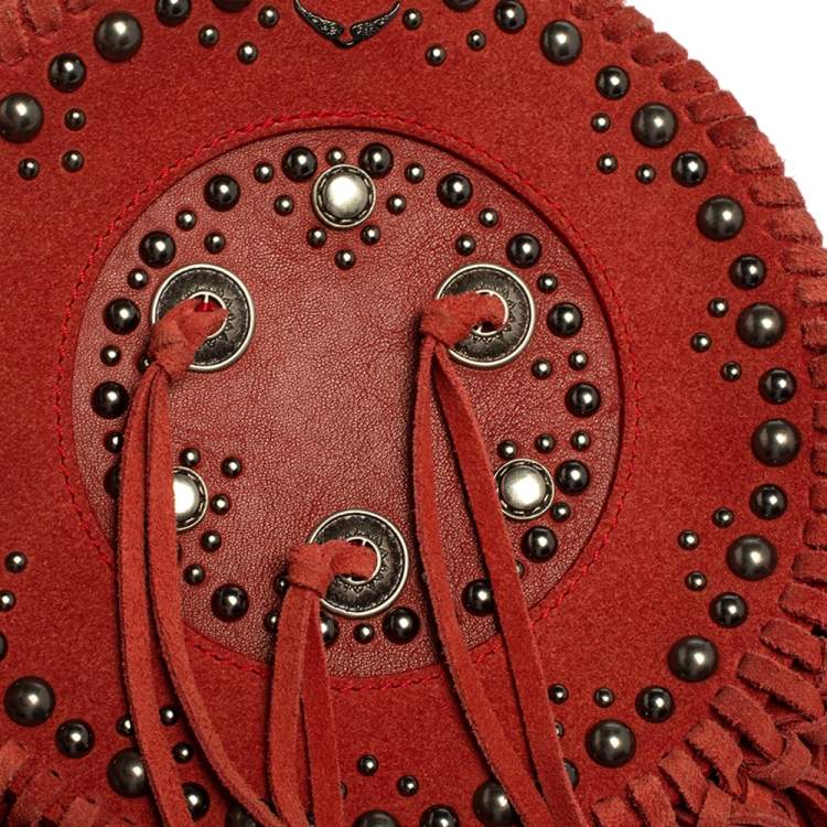 Pre Owned Zadig & Voltaire Camine Red Suede Bamboo Hippie Crossbody Bag 