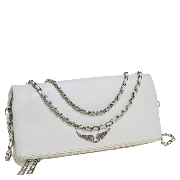 Pre Owned Zadig and Voltaire White Leather Rocky Foldover Shoulder Bag