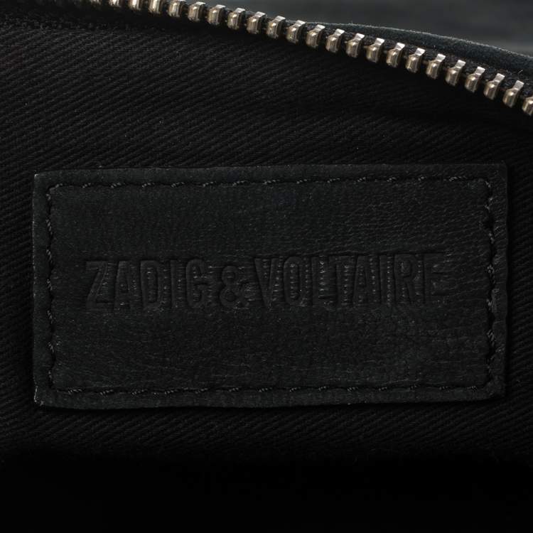 Pre Owned Zadig & Voltaire Black Nubuck Leather Fold Over Zip Studded Shoulder Bag