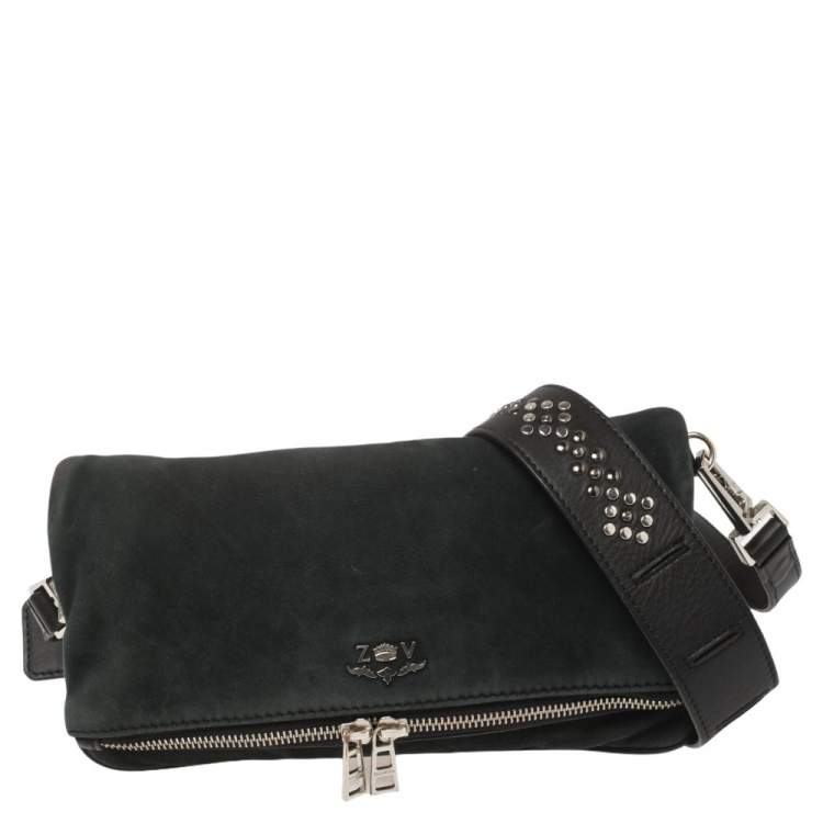 Pre Owned Zadig & Voltaire Black Nubuck Leather Fold Over Zip Studded Shoulder Bag