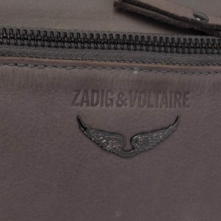 Pre Owned Zadig and Voltaire Grey Leather Skull Studded Wristlet Pouch