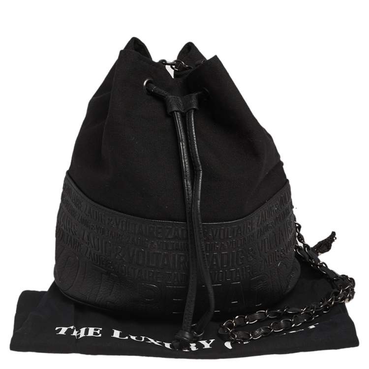 Pre Owned Zadig and Voltaire Black Canvas And Embossed Leather Bucket Bag
