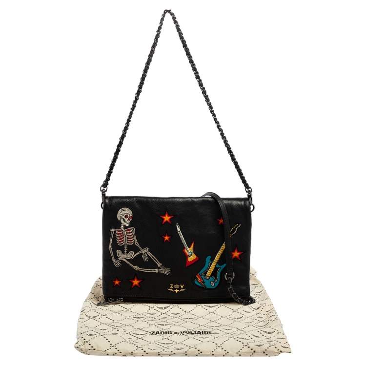 Pre Owned Zadig and Voltaire Black Leather Skeleton And Guitar Crossbody Bag