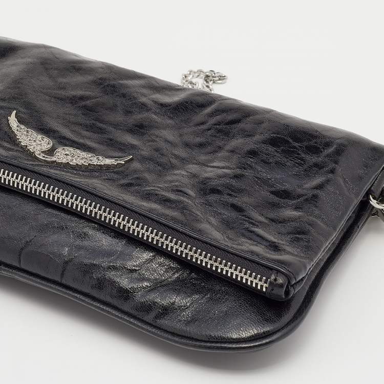 Pre Owned Zadig and Voltaire Black Glazed Leather Rock Chain Clutch