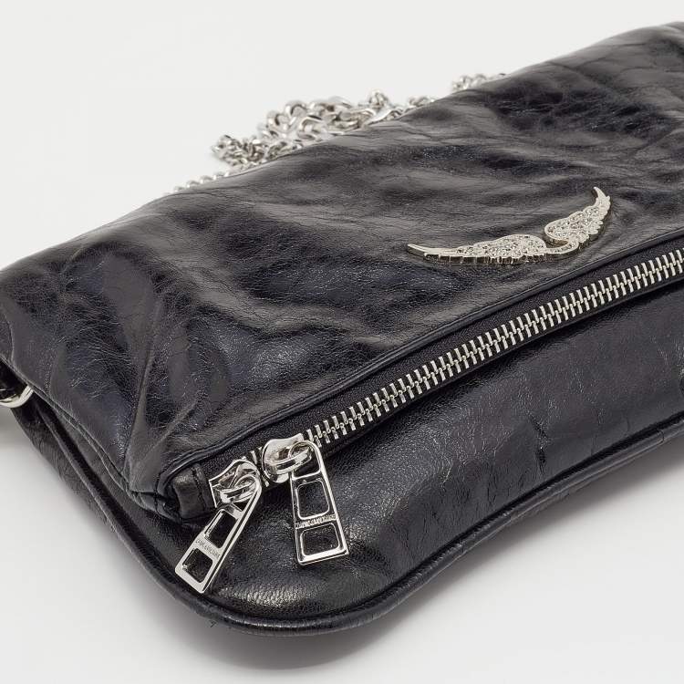 Pre Owned Zadig and Voltaire Black Glazed Leather Rock Chain Clutch