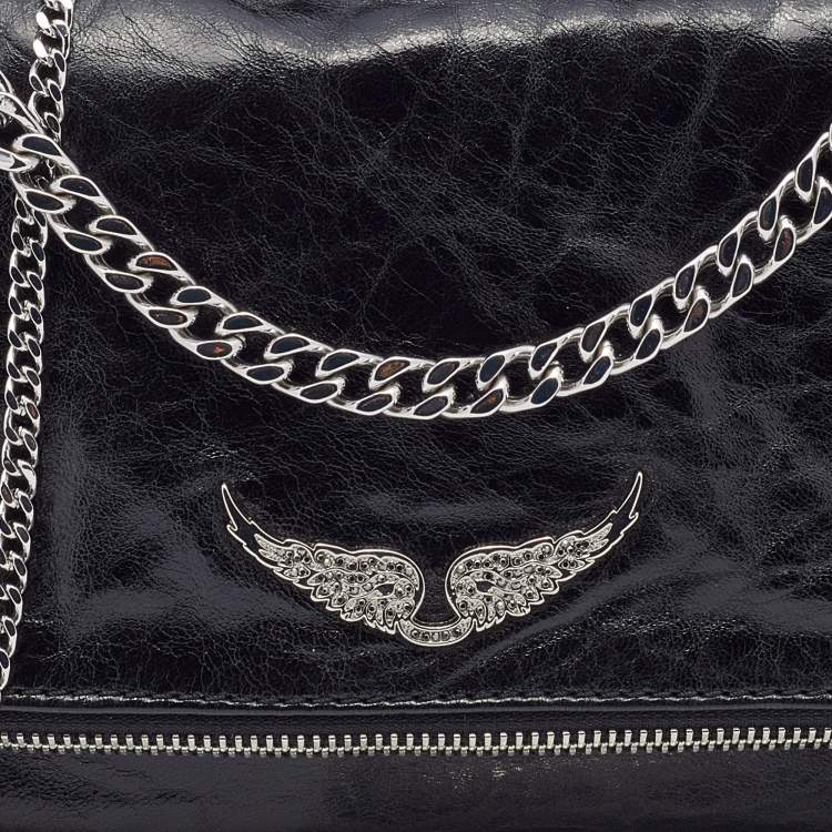 Pre Owned Zadig and Voltaire Black Glazed Leather Rock Chain Clutch
