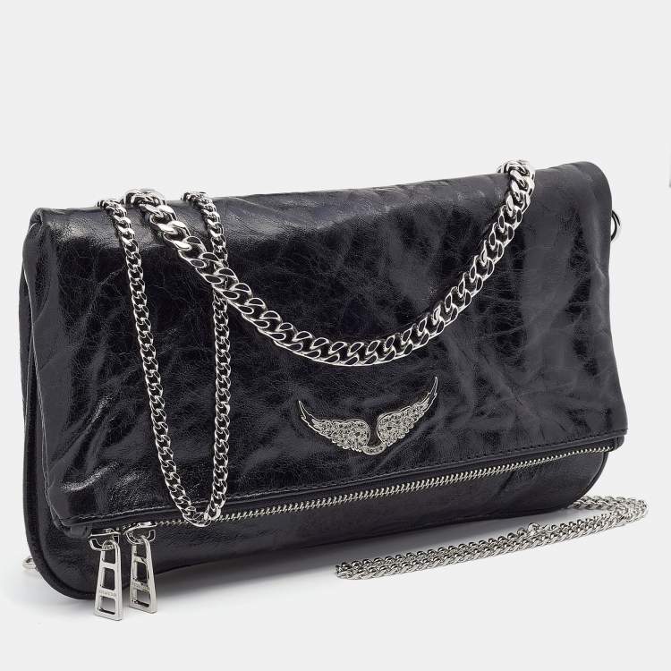 Pre Owned Zadig and Voltaire Black Glazed Leather Rock Chain Clutch