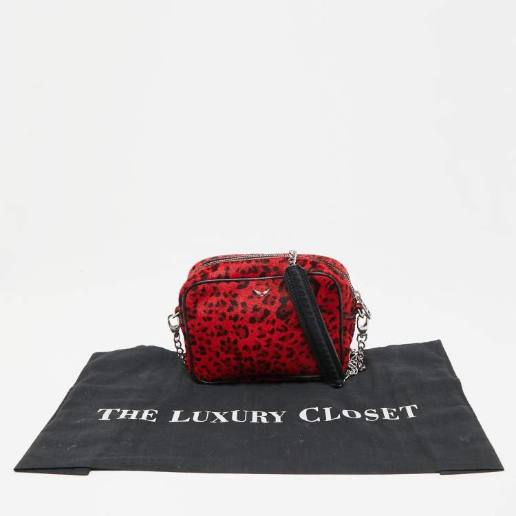 Pre Owned Zadig & Voltaire Red/Black Calf Hair and Leather Leopard Print Camera Bag