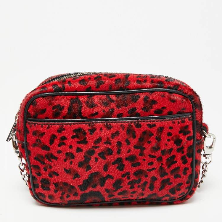 Pre Owned Zadig & Voltaire Red/Black Calf Hair and Leather Leopard Print Camera Bag