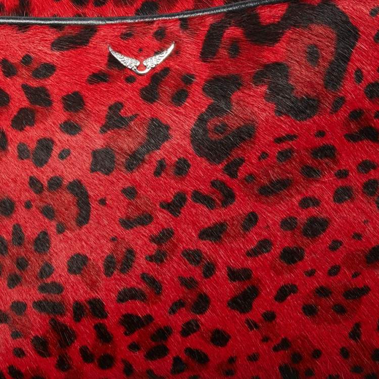 Pre Owned Zadig & Voltaire Red/Black Calf Hair and Leather Leopard Print Camera Bag