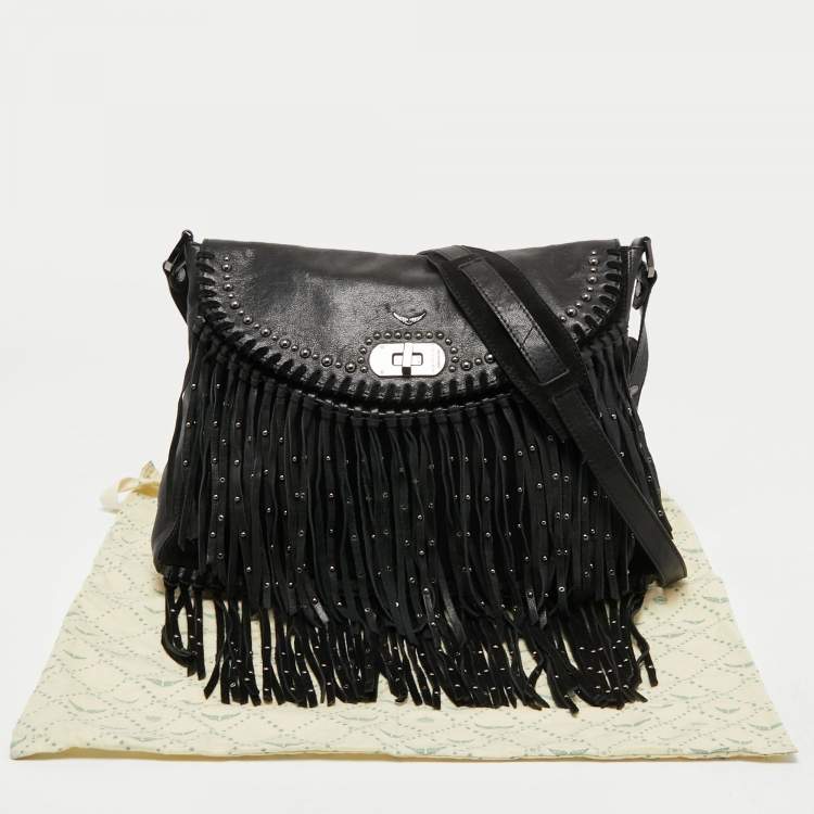 Pre Owned Zadig and Voltaire Black Leather and Suede Fringe Shoulder Bag