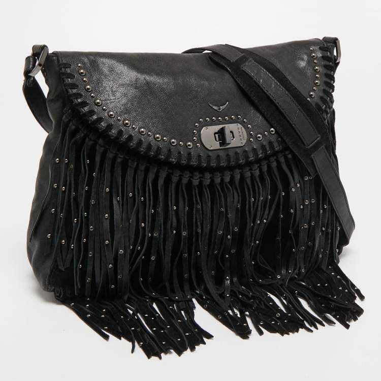 Pre Owned Zadig and Voltaire Black Leather and Suede Fringe Shoulder Bag