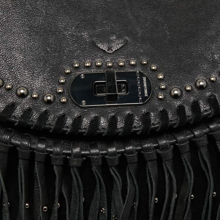 Pre Owned Zadig and Voltaire Black Leather and Suede Fringe Shoulder Bag